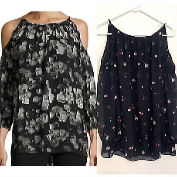 MAX STUDIO Edit Black Red Floral 3/4 Sleeve Cold Shoulder Cutout Tie Back Blouse - Picture 1 of 12